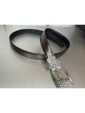 Vintage Brighton Reversible Black & Shiny Brown Leather Belt Sz 34 Silver Buckle